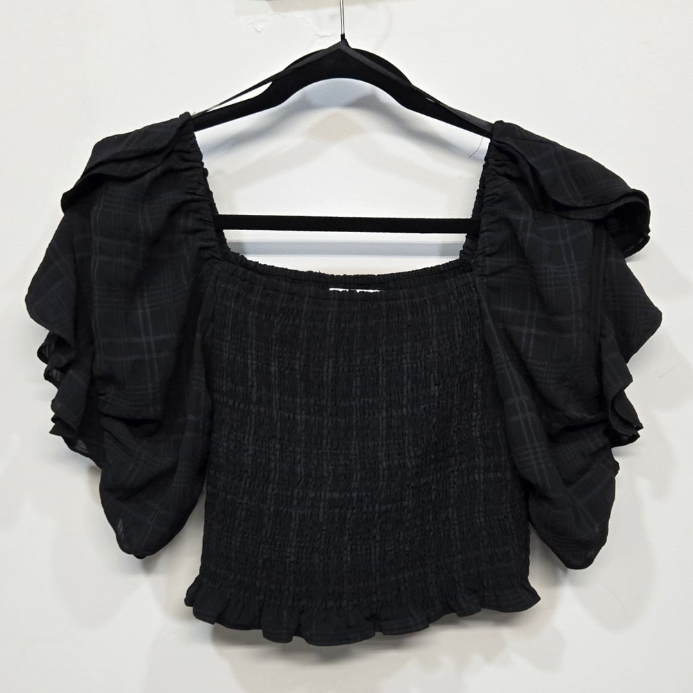 Do+Be Milkmaid Crop Top Large Black‎ Plaid Puff Sleeve Smocked Romantic Poetcore